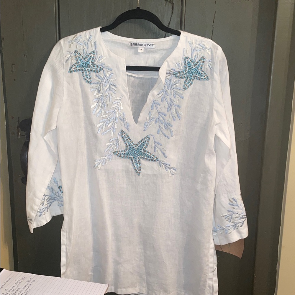 White Embroidered Women's Top beaded 100%linen - Picture 2 of 10